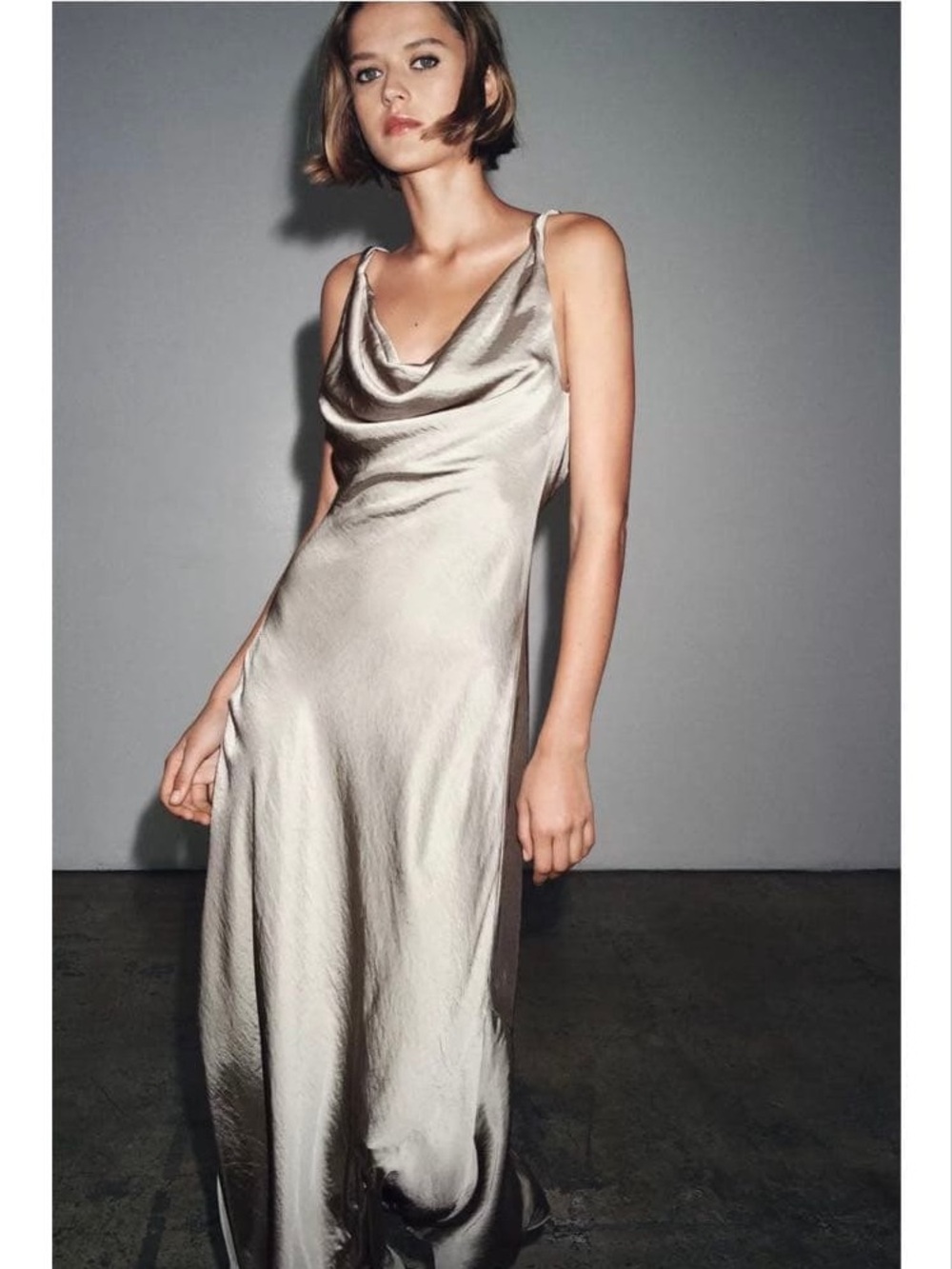 Zara Satin Cowl Neck Maxi Dress in Champagne